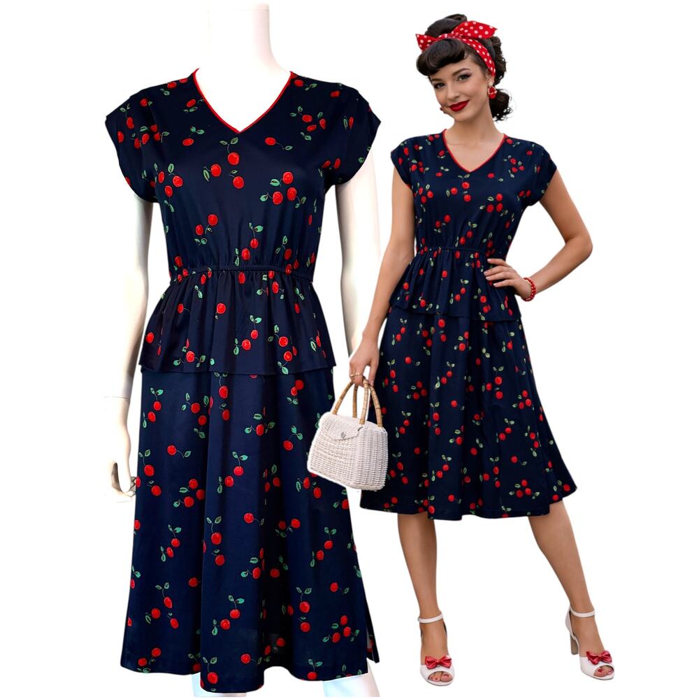 Cherry Print Peplum Midi Dress Size Small Navy Blue Rockabilly Pinup V-Neck